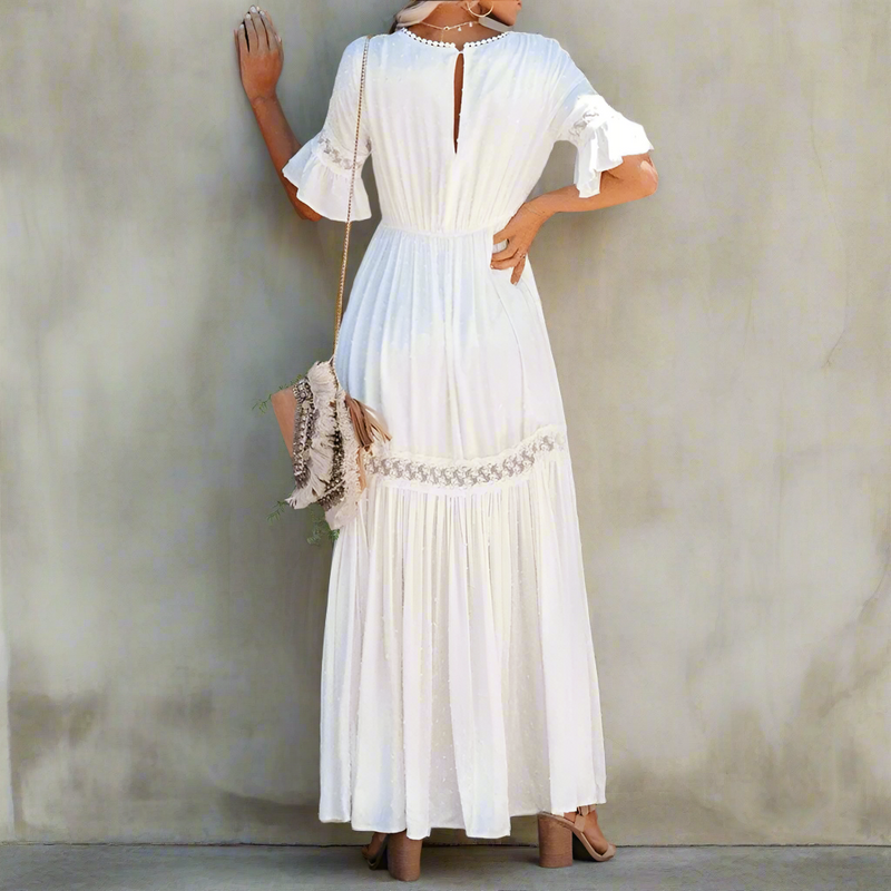 Boho Beach Hut Dress, Maxi Dress White Lace High Waist Boho Maxi Dress