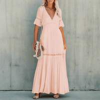 Boho Beach Hut Dress, Maxi Dress White Lace High Waist Boho Maxi Dress Pink / S