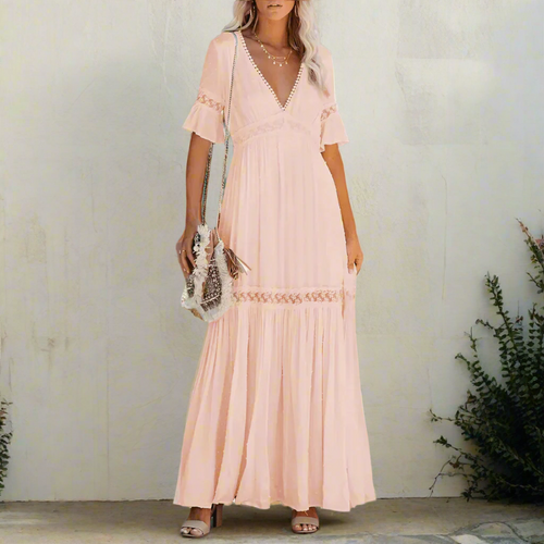 Boho Beach Hut Dress, Maxi Dress White Lace High Waist Boho Maxi Dress Pink / S