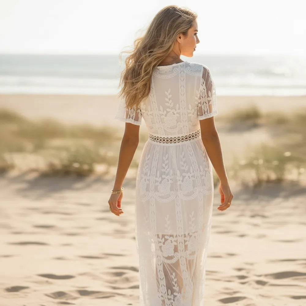 Maxi Dress Lace Embroidered V-Neck White