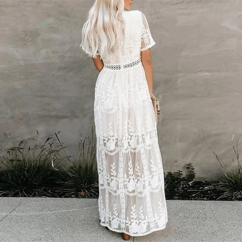 Boho Beach Hut Dress, Maxi Dress White Lace Short Sleeve Boho Maxi Dress