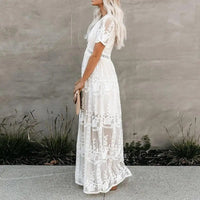 Boho Beach Hut Dress, Maxi Dress White Lace Short Sleeve Boho Maxi Dress