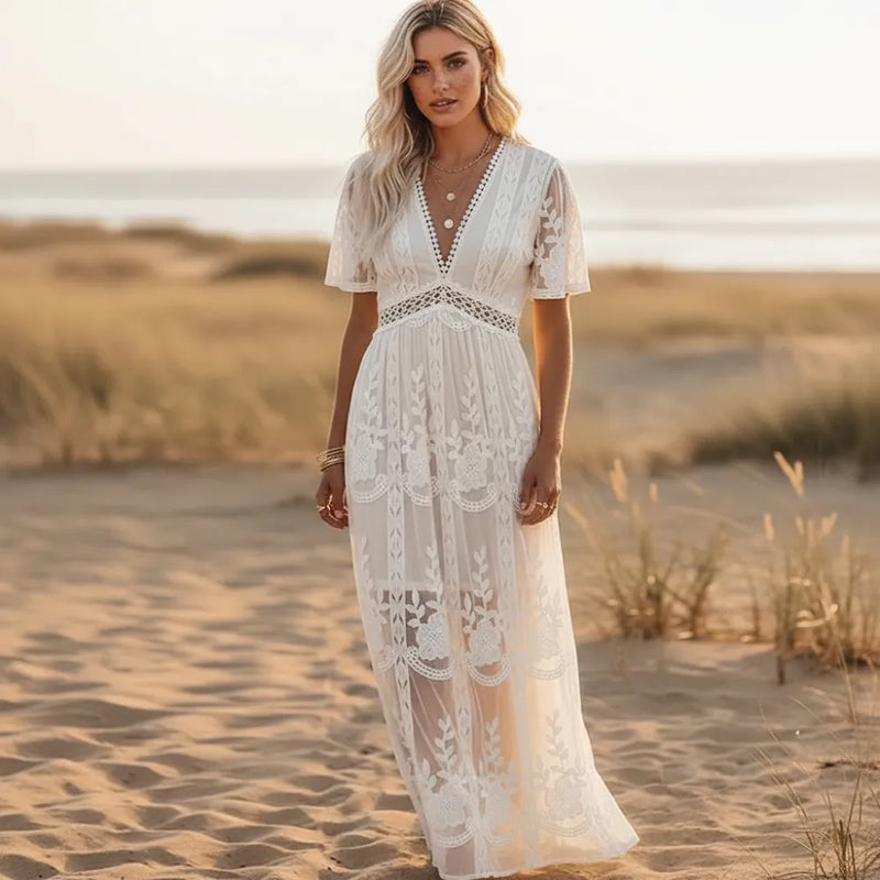 White Lace Short Sleeve Boho Maxi Dress White / XL White Lace Short Sleeve Boho Maxi Dress White / XL