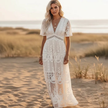 Boho Beach Hut Dress, Maxi Dress White Lace Short Sleeve Boho Maxi Dress White / S