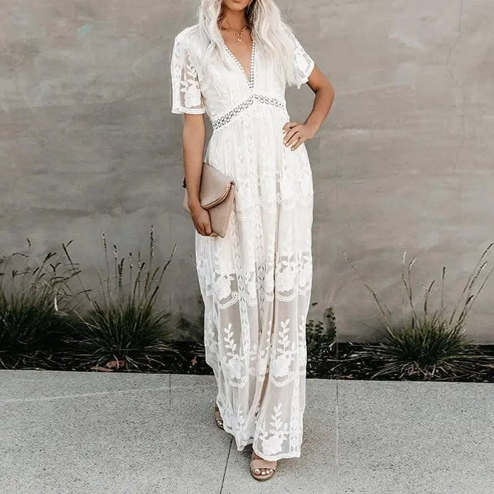 Boho Beach Hut Dress, Maxi Dress White Lace Short Sleeve Boho Maxi Dress White / S