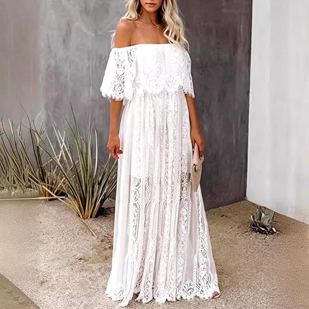 Boho Beach Hut Dress, Maxi Dress, White Maxi Dress White Boho Off Shoulder Lace Maxi Dress White / S