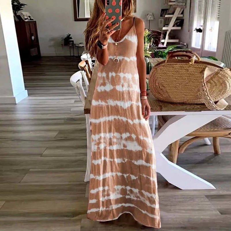 Boho Beach Hut Dresses, Maxi Dress Beige / S Sleeveless Casual Loose Maxi Dress