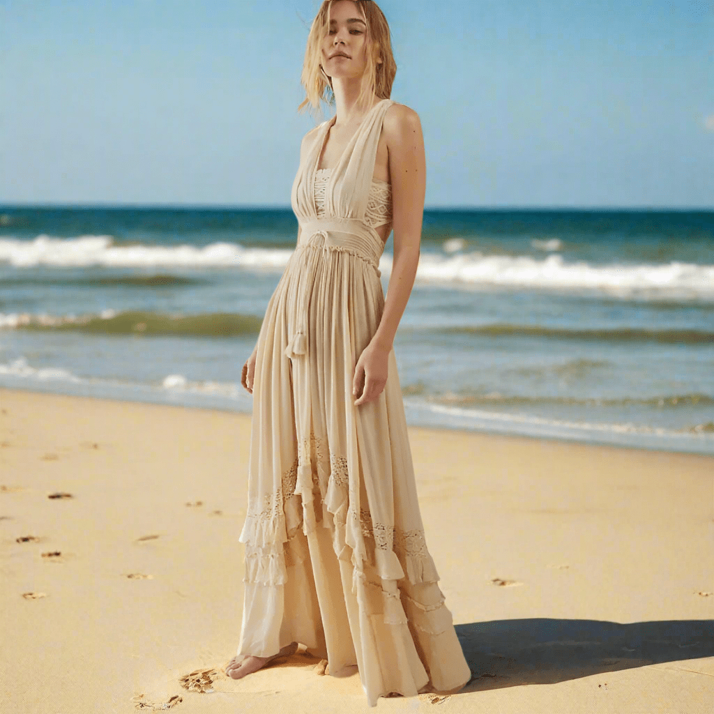 Boho Beach Hut Dresses, Maxi Dress, Long Dress, Summer Dress, Church Dress, Long Dress, Beach Dress, Beach Dress, Boho Dress Boho Summer Beach Maxi Dress Beige / S