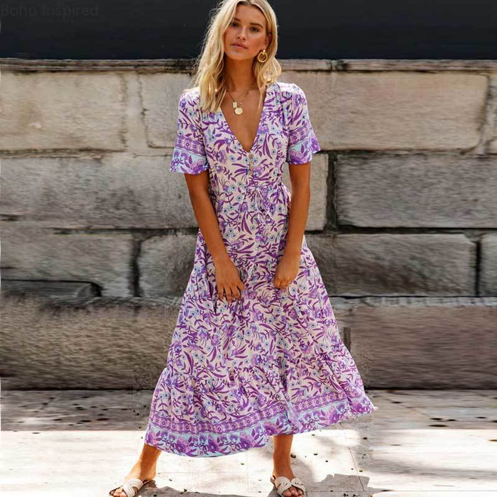 Boho Beach Hut Dresses, Maxi Dress, Long Dress, V-Neck Dress, Floral Dress, Purple Dress Boho Inspired Purple Floral Maxi Dress