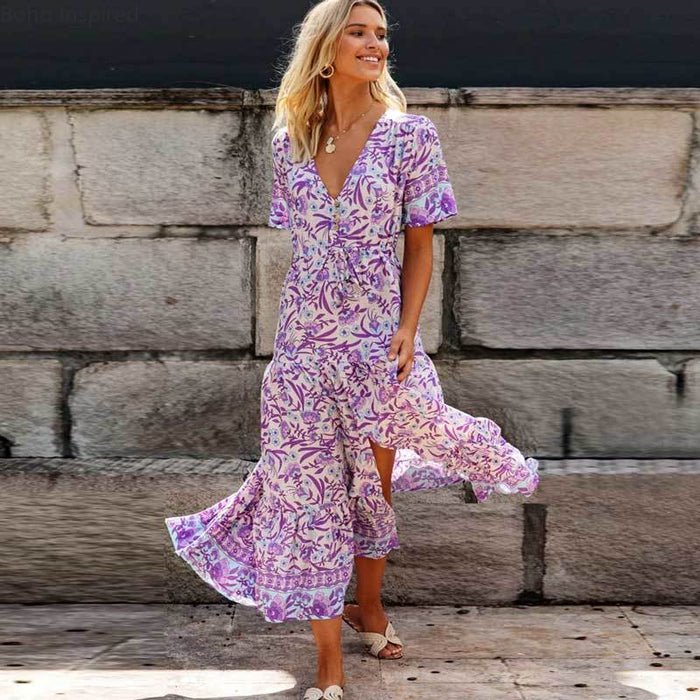 Boho Beach Hut Dresses, Maxi Dress, Long Dress, V-Neck Dress, Floral Dress, Purple Dress Boho Inspired Purple Floral Maxi Dress Lavender / S