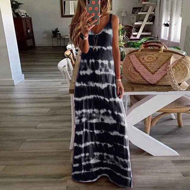 Boho Beach Hut Dresses, Maxi Dress Navy Blue / S Sleeveless Casual Loose Maxi Dress