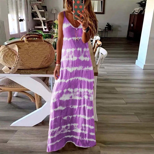 Boho Beach Hut Dresses, Maxi Dress Purple / S Sleeveless Casual Loose Maxi Dress