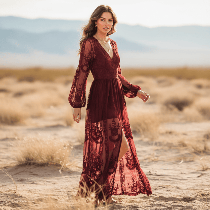 Boho Red Lace Maxi Dress – Long Sleeve Embroidered V-Neck Beach Dress in Red - Women's Boho Fashion A-line, Slip, Flared