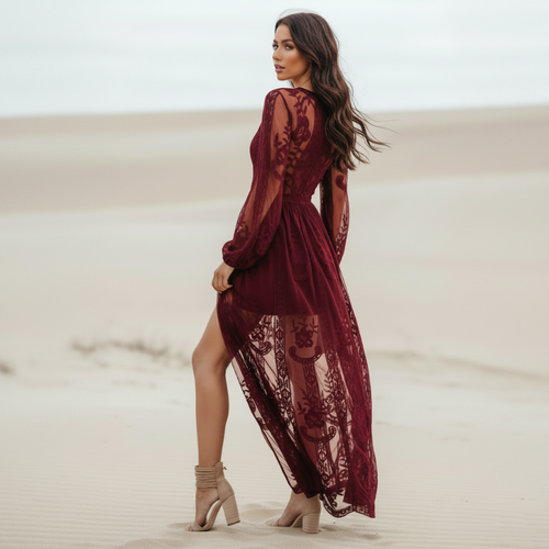 Boho Beach Hut Dresses, Maxi Dress, Red Maxi Dress Boho Red Lace Maxi Dress