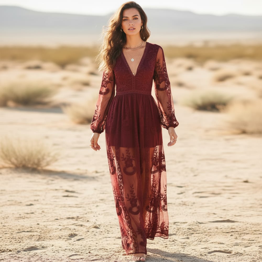Burgundy red lace maxi dress with floral embroidery, deep V-neck, long sheer puff sleeves and empire waist