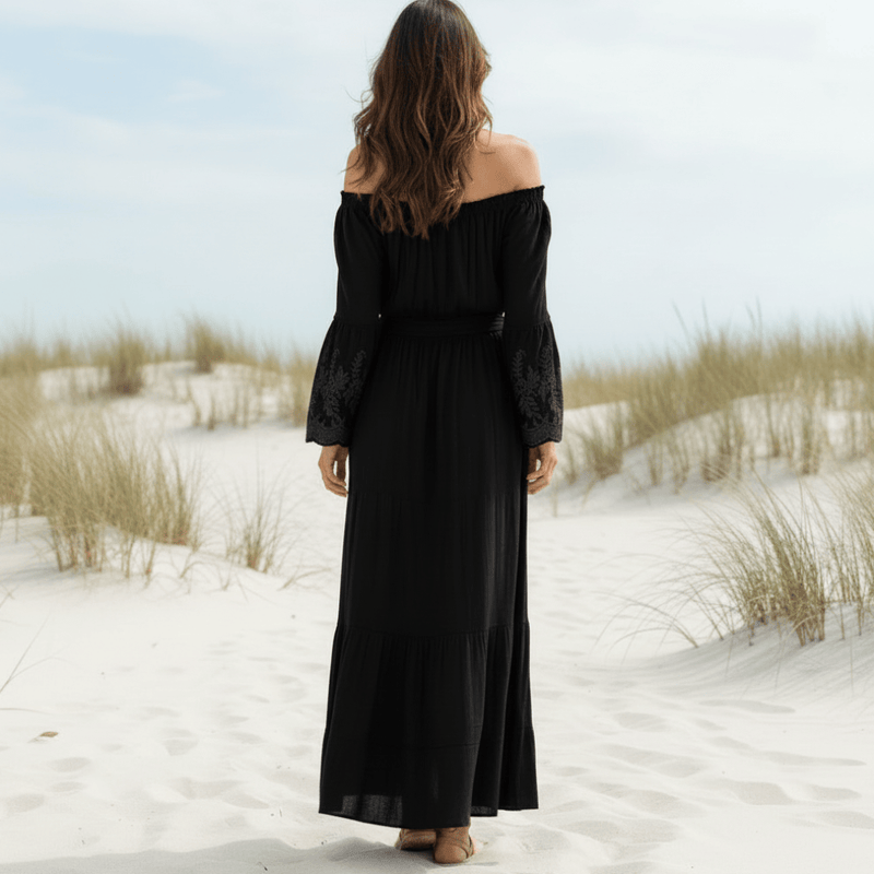 Boho Lace Beach Maxi Dress White & Black Ankle-Length Summer Dress in Black | Women's Boho Fashion | XL | Polyester, Cotton Boho Lace Beach Maxi Dress White & Black Ankle-Length Summer Dress in Black | Women's Boho Fashion | XL | Polyester, Cotton