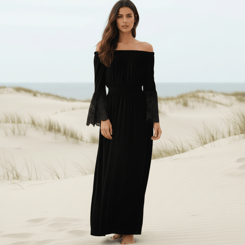 Boho Lace Beach Maxi Dress White & Black Ankle-Length Summer Dress in Black | Women's Boho Fashion | XL | Polyester, Cotton Boho Lace Beach Maxi Dress White & Black Ankle-Length Summer Dress in Black | Women's Boho Fashion | XL | Polyester, Cotton