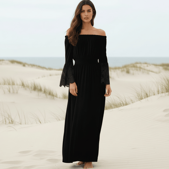 Boho Beach Hut Dresses, Maxi Dress, White Beach Dress Boho Sexy Lace Beach Maxi Long Dress Black / S