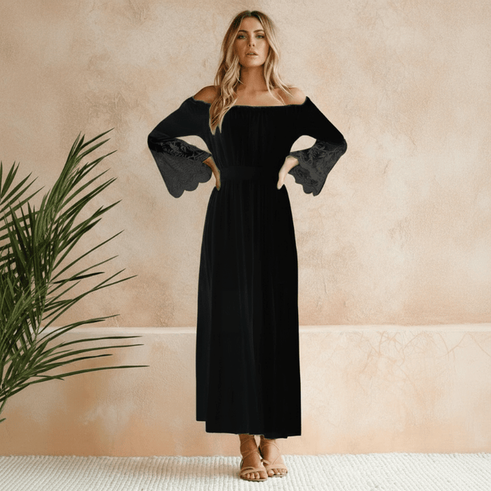 Boho Beach Hut Dresses, Maxi Dress, White Beach Dress Boho Sexy Lace Beach Maxi Long Dress Black / S