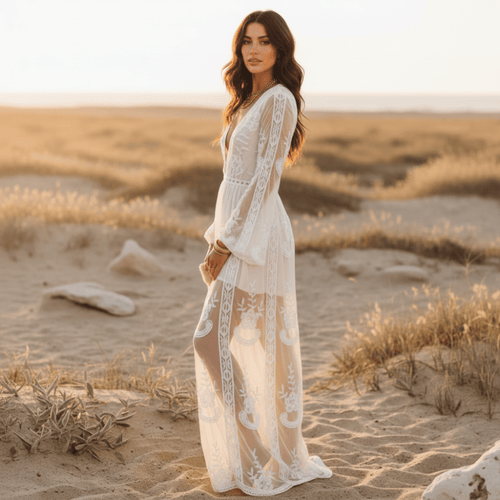 Boho Beach Hut Dresses, Maxi Dress, White Beach Dress White Boho Lace Maxi Dress