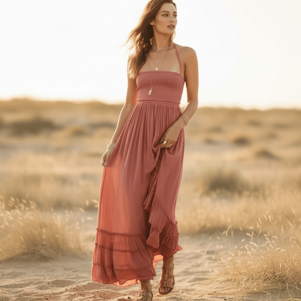 Maxi Dress Off White Open Back Halter Rayon Cotton