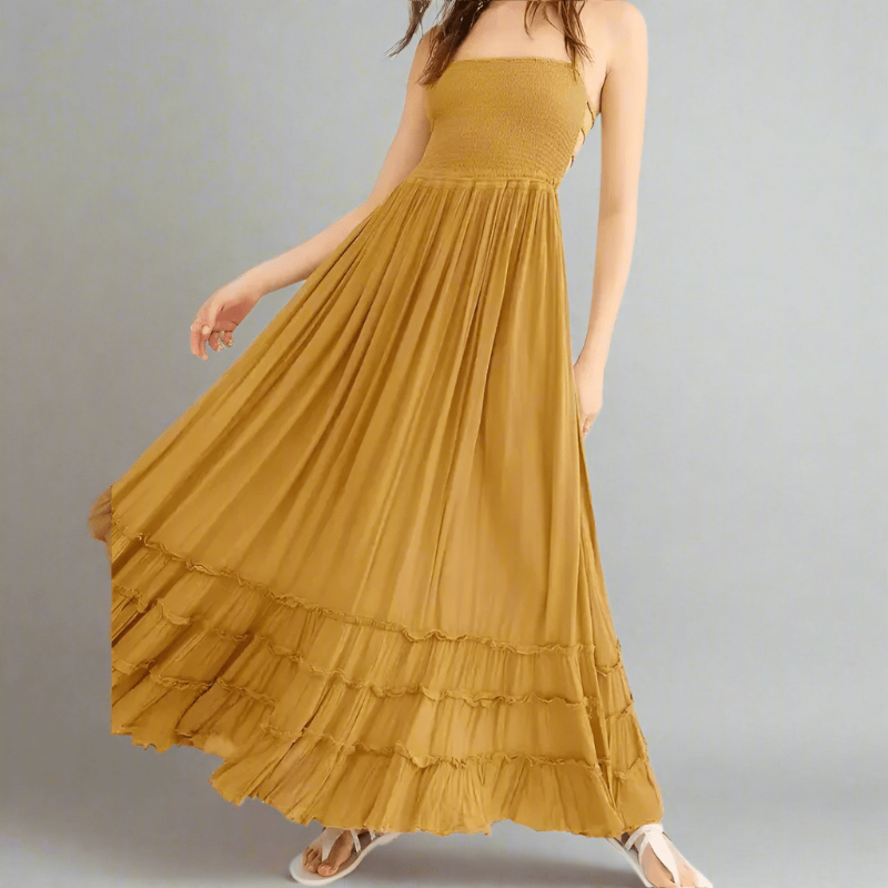 Hippie Backless Halter Maxi Dress – Boho Cascading Ruffle Long Dress