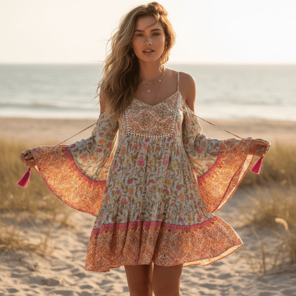 Pink and Green Floral Summer Dress - Off Shoulder Mini Dress Boho Beach Hut Pink and Green Floral Summer Dress - Off Shoulder Mini Dress Boho Beach Hut