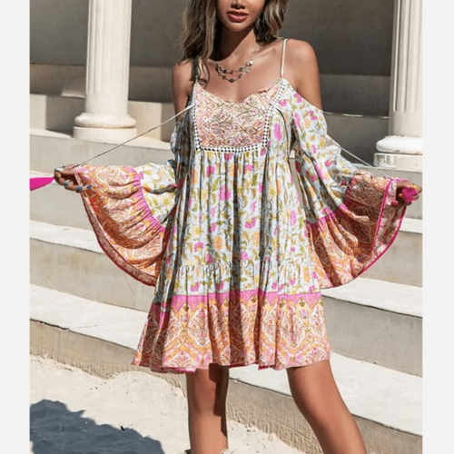 Boho Beach Hut Dresses, Mini Dress Bohemian Summer Dress Pink / S