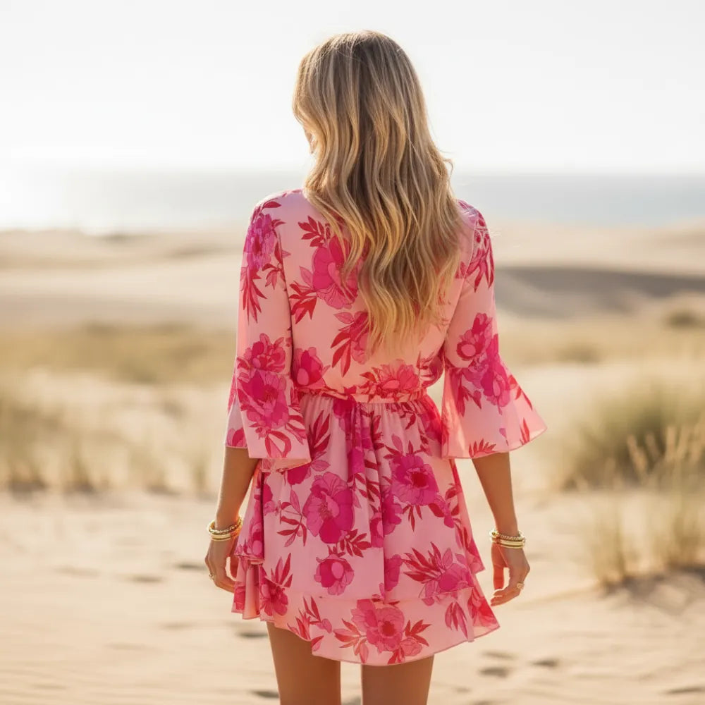 Mini Dress Batwing Sleeves Floral Pink Boho