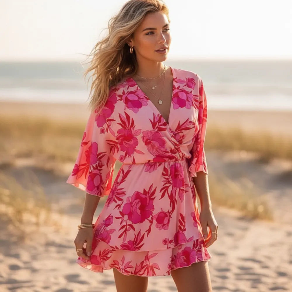 Mini Dress Batwing Sleeves Floral Pink Boho