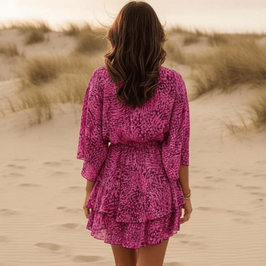 Boho Purple Floral Mini Dress – V‐Neck, Short Sleeve Summer Dress Women's Boho Fashion in Purple | 3XL Boho Purple Floral Mini Dress – V‐Neck, Short Sleeve Summer Dress Women's Boho Fashion in Purple | 3XL