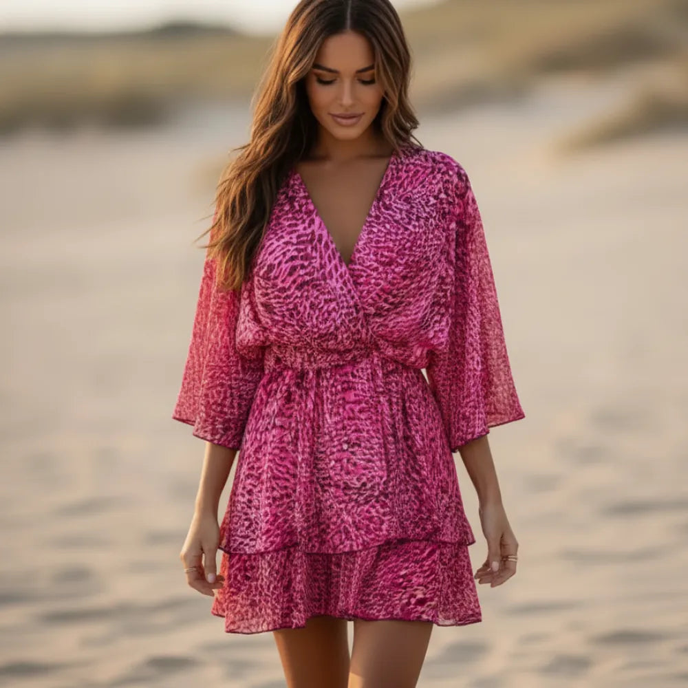 Rose Red floral flowy A-line mini dress with V-neck and empire waist