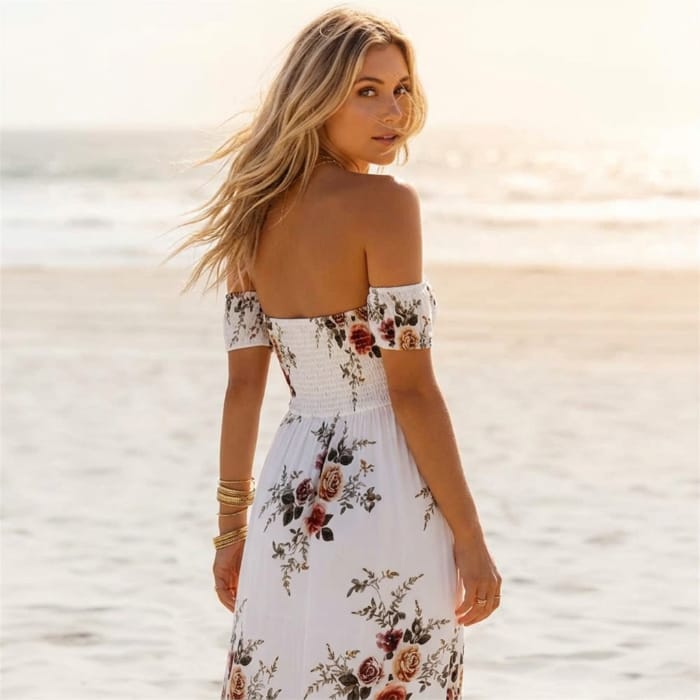 Boho Beach Hut Dresses, Sundresses, Beach Dresses, Summer Dresses, Maxi Dresses Off Shoulder Floral Maxi Dress with Side Slit