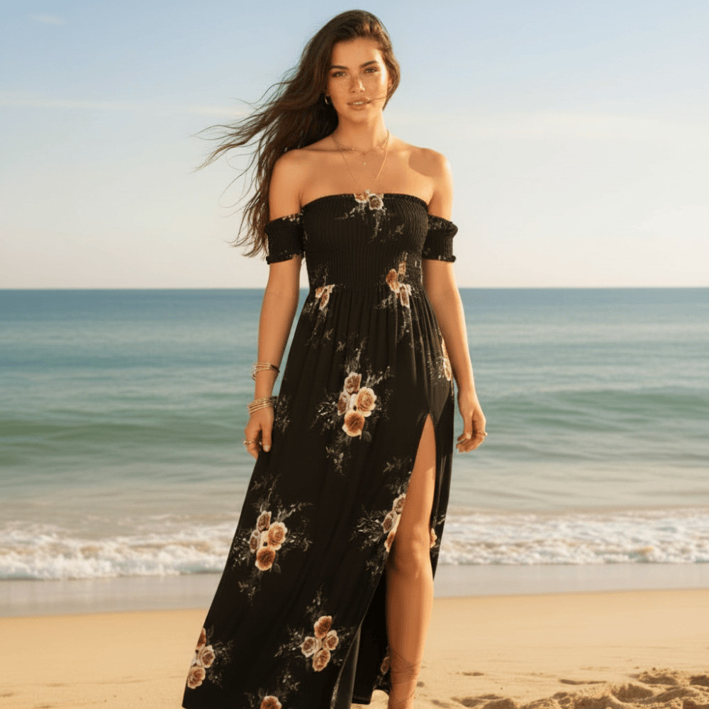 Boho Long Summer Sundress Off-Shoulder Slit Skirt Floral Maxi Dress in Black | Women's Boho Fashion | 5XL | Polyester Boho Long Summer Sundress Off-Shoulder Slit Skirt Floral Maxi Dress in Black | Women's Boho Fashion | 5XL | Polyester