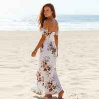 White floral off shoulder backless maxi dress with Bardot neckline, empire waist and high side slit