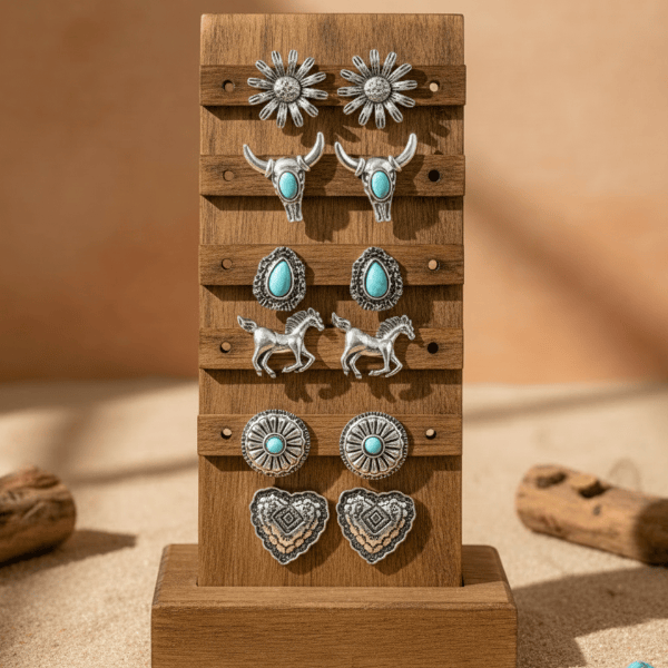 Boho western turquoise stud earring set with antique silver-tone finishes, turquoise-inspired stones, and southwestern cowgirl designs.