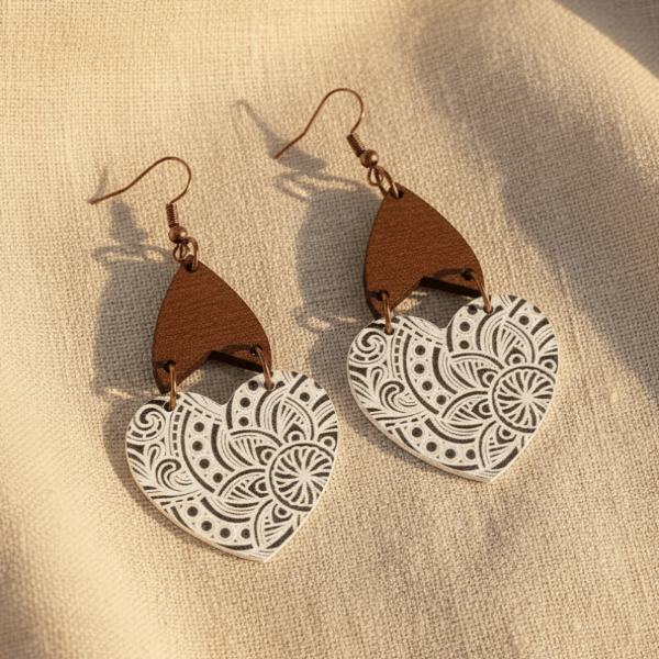 Boho wooden heart earrings with engraved layered wood, lightweight acrylic accents, and antique copper fishhook ear wires.
