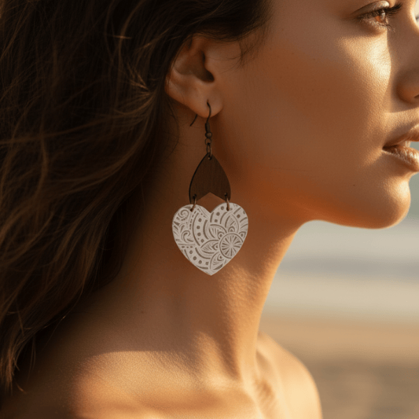 Woman wearing boho wooden heart earrings with engraved layered wood, lightweight acrylic accents, and antique copper fishhook ear wires.