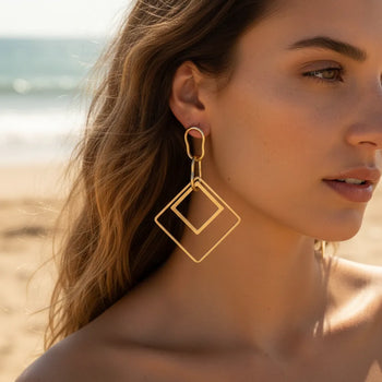 Boho Beach Hut Earrings, Drop Earrings Chainlink Double Square Drop Earrings Gold / One Size