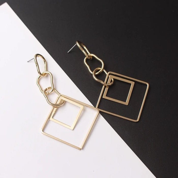 Boho Beach Hut Earrings, Drop Earrings Chainlink Double Square Drop Earrings Gold / One Size