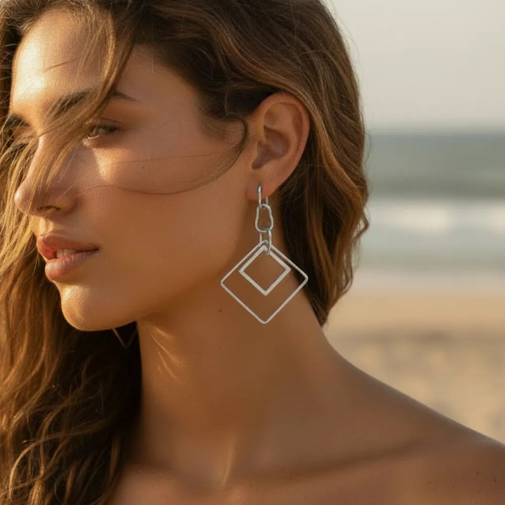 Boho Beach Hut Earrings, Drop Earrings Chainlink Double Square Drop Earrings Silver / One Size