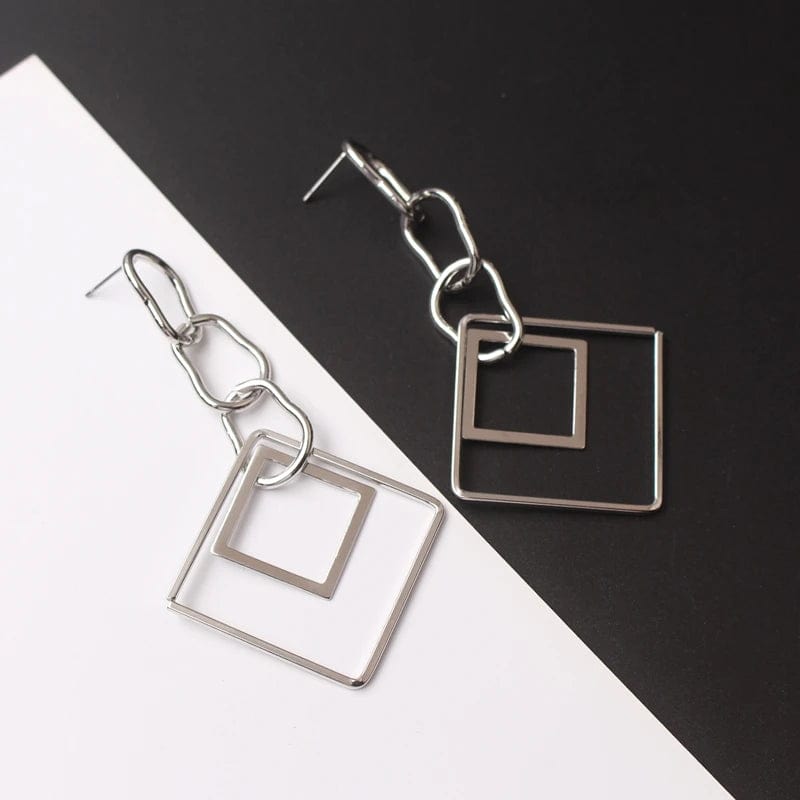 Boho Beach Hut Earrings, Drop Earrings Chainlink Double Square Drop Earrings Silver / One Size