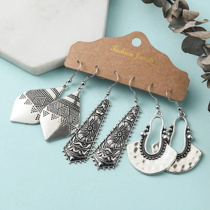 Boho Beach Hut Earrings, Drop Earrings, Silver Earrings, Earring Set Silver / One Size Silver Vintage Drop Earring Set