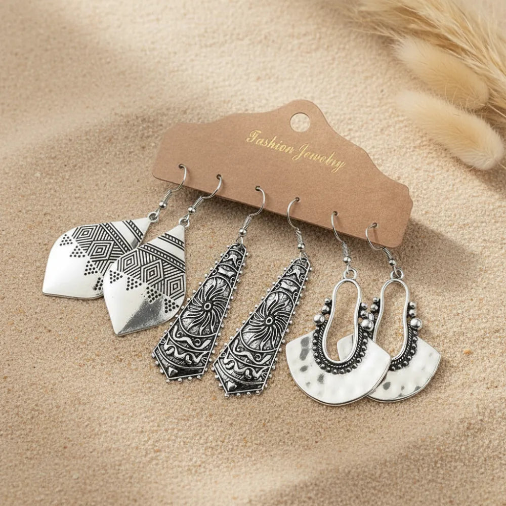Boho Beach Hut Earrings, Drop Earrings, Silver Earrings, Earring Set Silver Vintage Drop Earring Set Silver / One Size