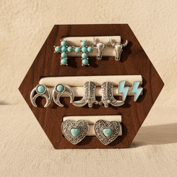 Western turquoise stud earring set featuring cowboy boots, longhorn skulls, crescent moons, lightning bolts, hearts, cactus-inspired studs, and antique silver-tone finishes.