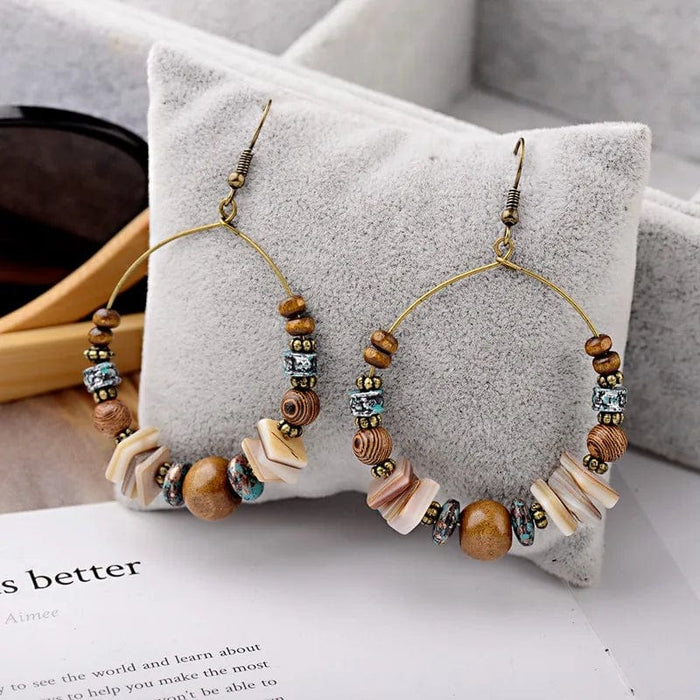 Boho Beach Hut Earrings, Hoop Earrings Gold / One Size Boho Wood Beads Hoop Earrings