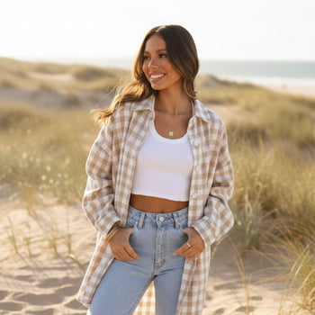 Boho Beach Hut flannel plaid coat, jacket Boho Plaid Long Sleeve Button Up Coat
