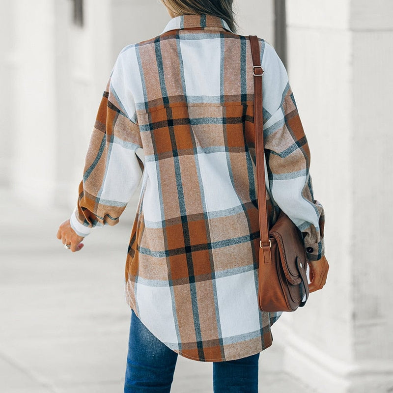 Boho Beach Hut flannel plaid coat, jacket Boho Plaid Long Sleeve Button Up Coat