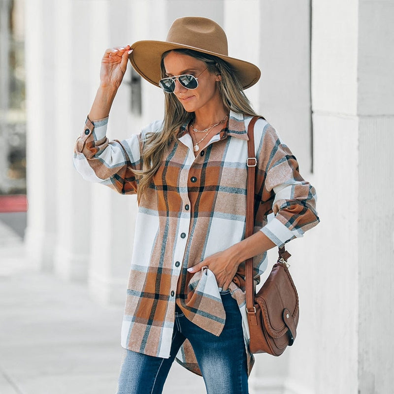 Boho Beach Hut flannel plaid coat, jacket Boho Plaid Long Sleeve Button Up Coat Brown / S