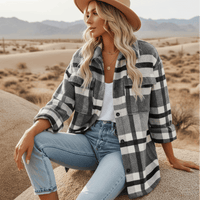 Boho Beach Hut Flannel Plaid Coat, Jacket, Plaid Jacket Bohemian Plaid Flannel Coat Dark Gray / S